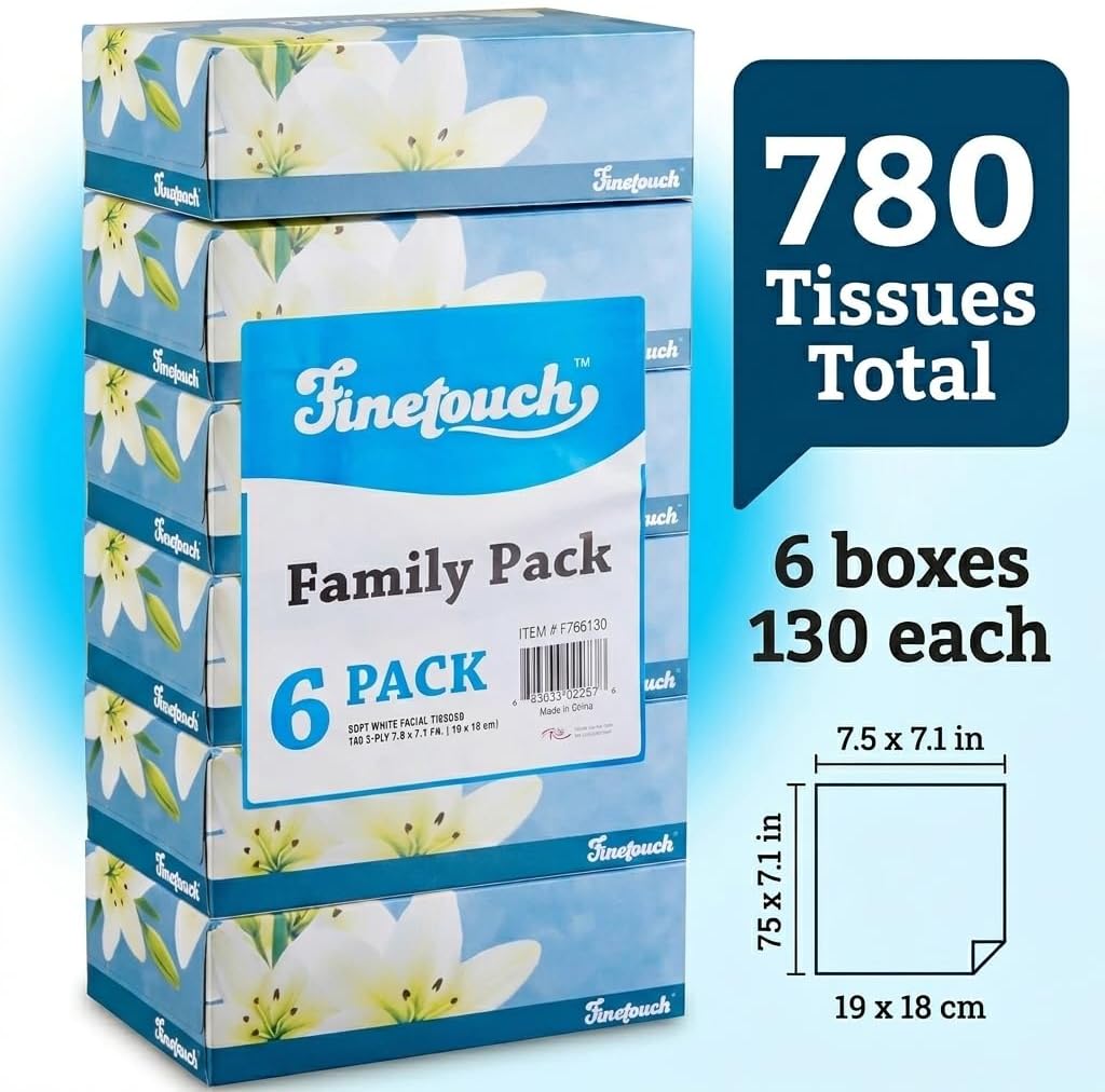 Facial Tissues Boxes Bulk, Soft 2-Ply, 130 Sheets, 6 Pack