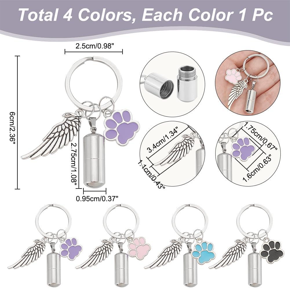 4 Pcs 4 Colors Pet Ashes Key Chain, Pet Memorial Keychain Dog Cat Cremation Keychain Alloy Pet Ashes Keepsake Pet