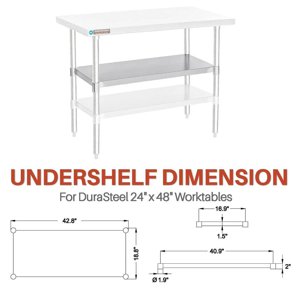 Galvanized Under Shelf for Work Tables - Extra Adjustable Lower Shelf for 24" x 48" Stainless Steel and Wooden