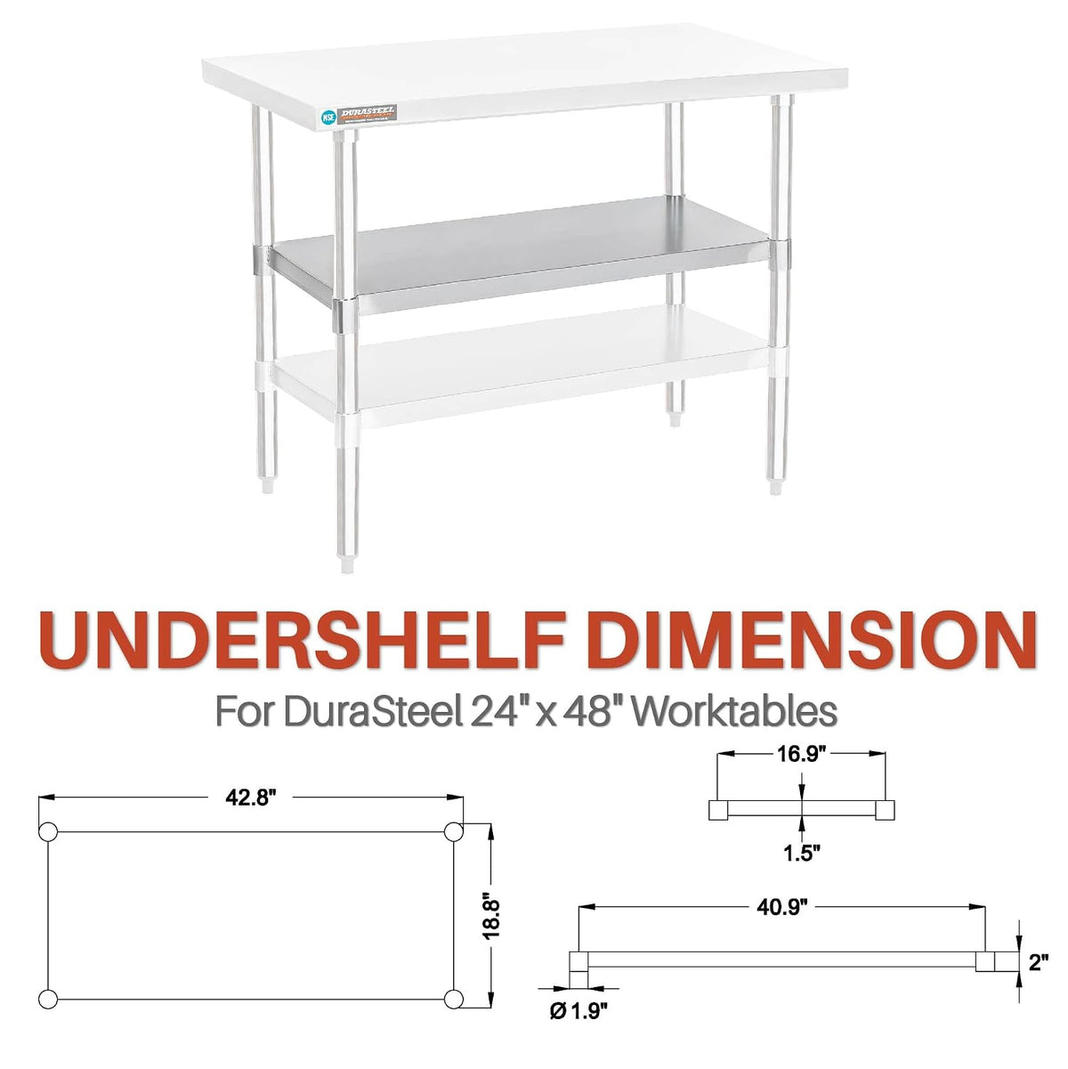 Galvanized Under Shelf for Work Tables - Extra Adjustable Lower Shelf for 24" x 48" Stainless Steel and Wooden