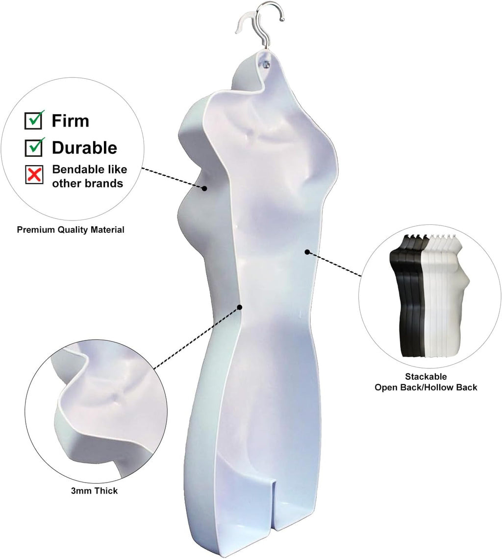 Female Mannequin Torso with Hanging Hook, White (Set of 1) | Hollow back body stackable dress form for t-shirt