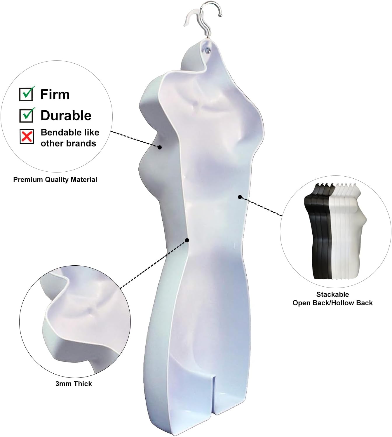 Female Mannequin Torso with Hanging Hook, White (Set of 1) | Hollow back body stackable dress form for t-shirt