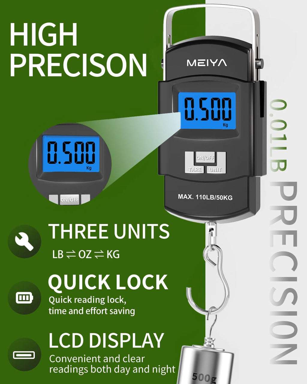 Fish Scale 110lb/50kg Digital Fishing Scale with Backlit LCD, Portable Handle, Stainless Steel Hook & 2 AAA Batteries