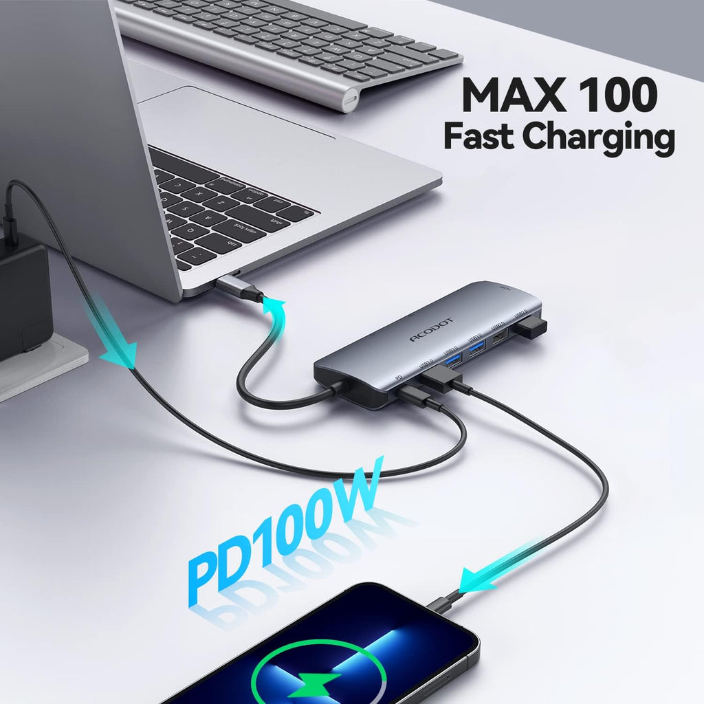 USB C Hub, Acodot 9 in 1 USB C to 4K@60HZ HDMI Multiport Adapter, 3 USB 3.0 Ports, SD/TF Card Reader, 100W PD
