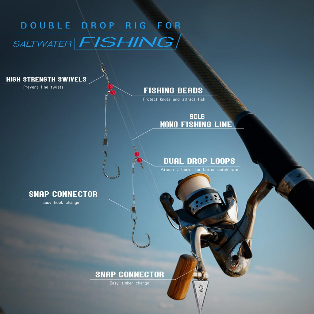 Double Drop Saltwater Fishing Rig –2 Hook Bottom Rigs with Swivels & Snaps, Pre-Tied Surf Pier Boat Leader Line for