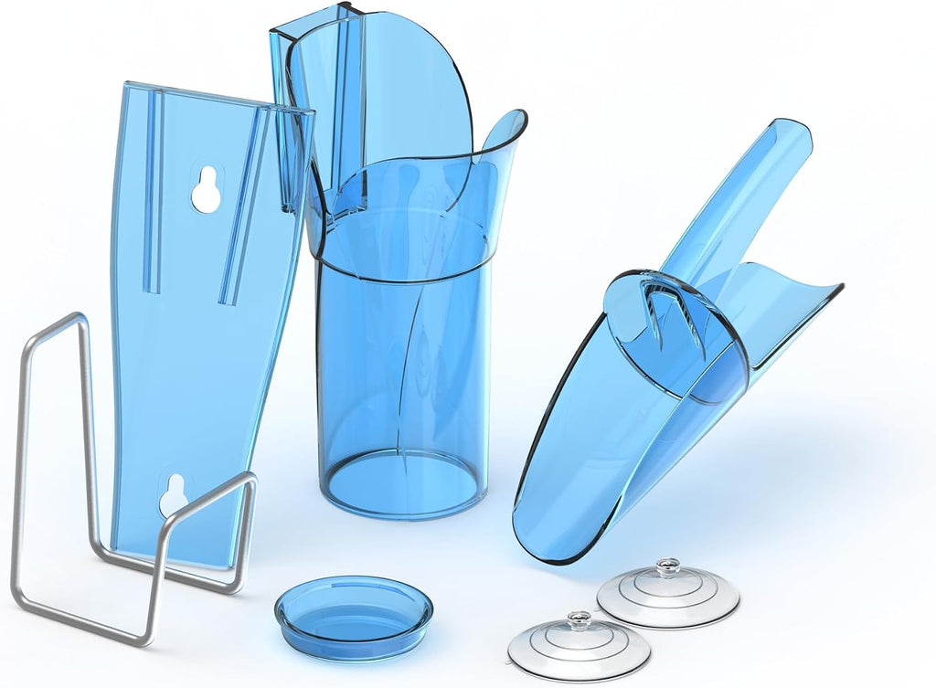 Ergonomic Ice Scoop with Shield and Pouring Chute – Includes Storage Caddy, 6–10 oz Capacity, Blue