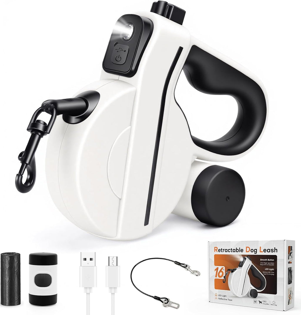 Retractable Dog Leash with USB Rechargeable Light, Reflective, Black
