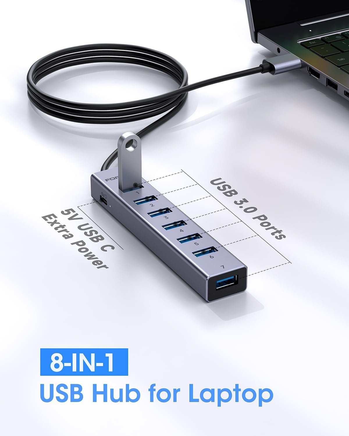 Aluminum Alloy 8 Port USB Hub Long Cable USB Splitter with 7-USB3.0 Data Ports and TypeC 5V/3A Power Port Compatible