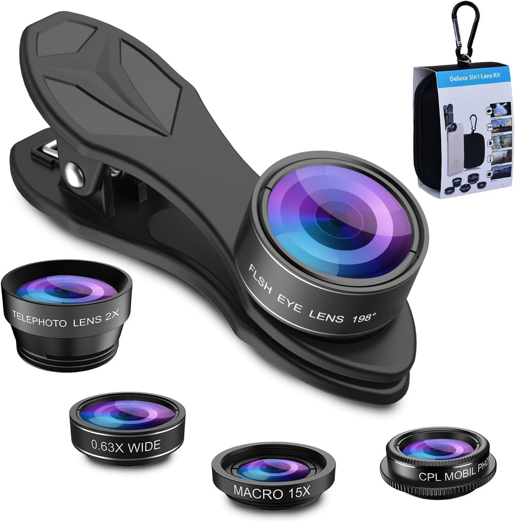 5 in 1 Phone Camera Lens Kit -0.63X Wide Angle Lens & 15X Macro Lens+190°Fisheye Lens/CPL + 2X Telephoto Lens