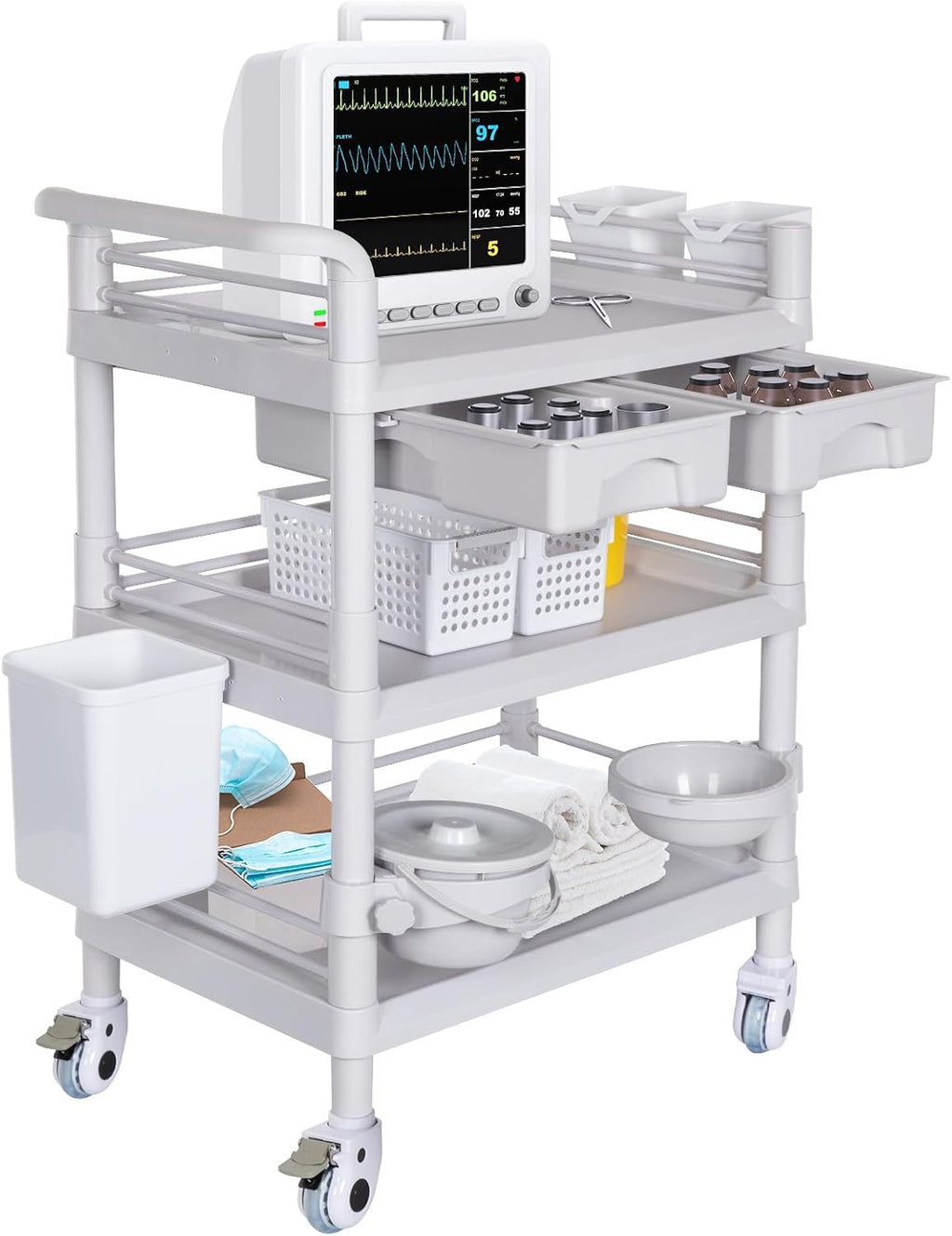 Mobile Medical Cart 3-Tier Professional Utility Cart 330 LBS Max Load | Rolling Crash Cart Ultrasound Trolley, With