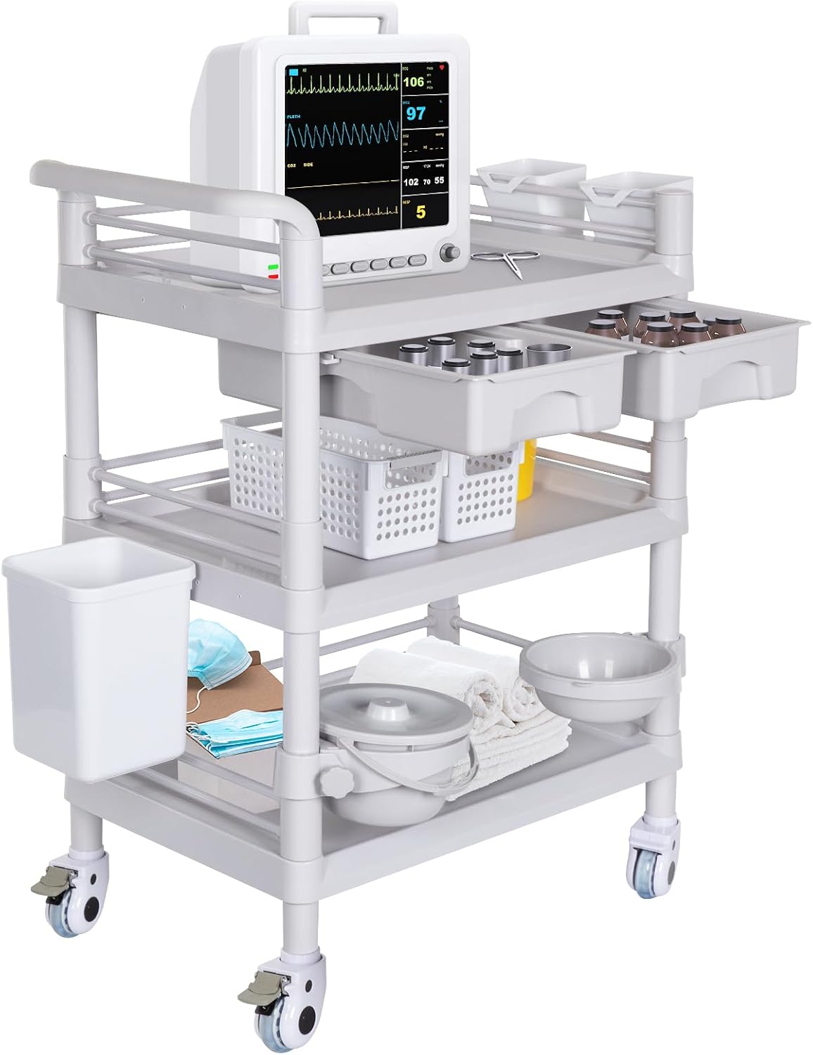 Mobile Medical Cart 3-Tier Professional Utility Cart 330 LBS Max Load | Rolling Crash Cart Ultrasound Trolley, With