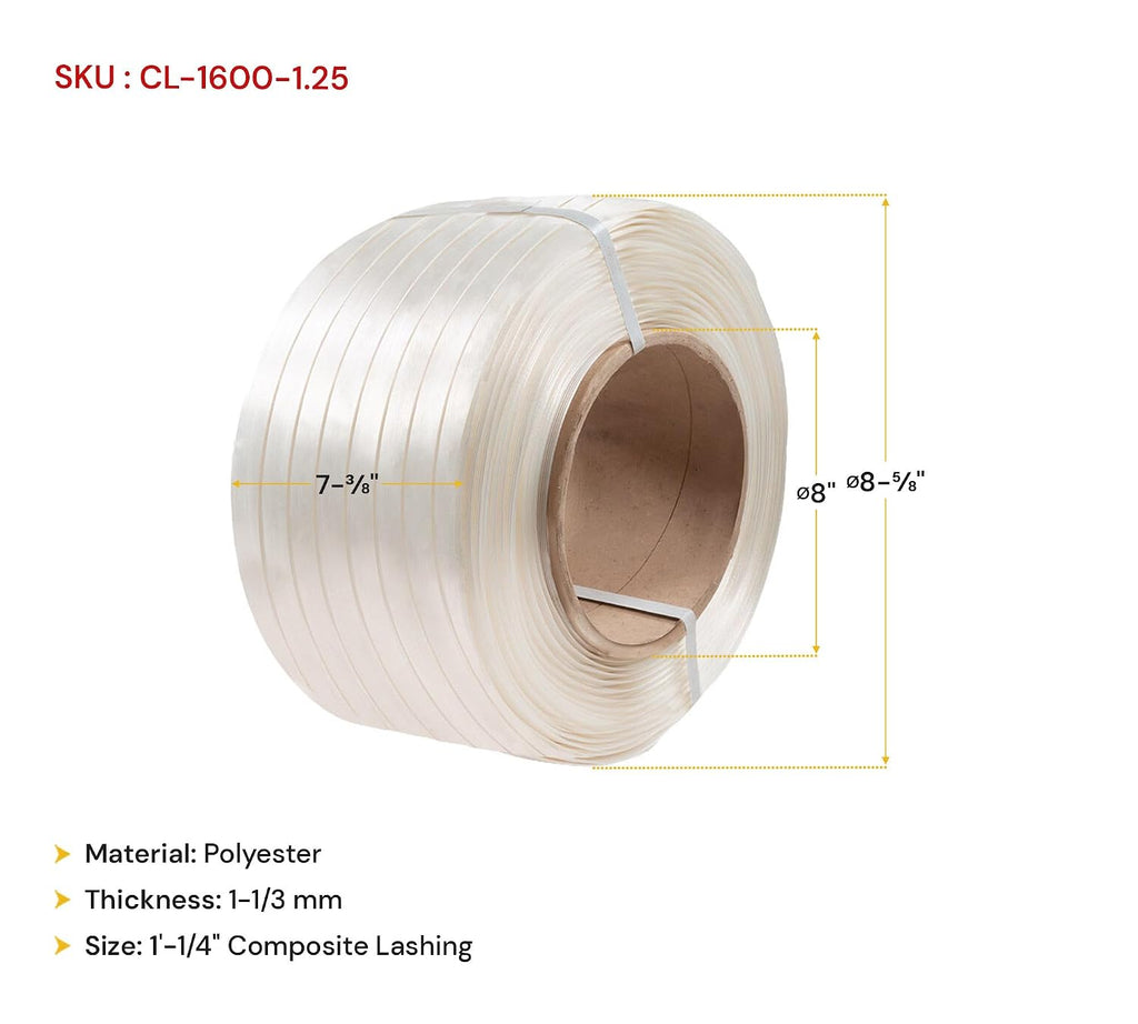 1-1/4”x1960’ Composite Cord Strapping Roll 8”x8” Core Size - 5700 lbs Breaking Strength - High Tenacity White Poly