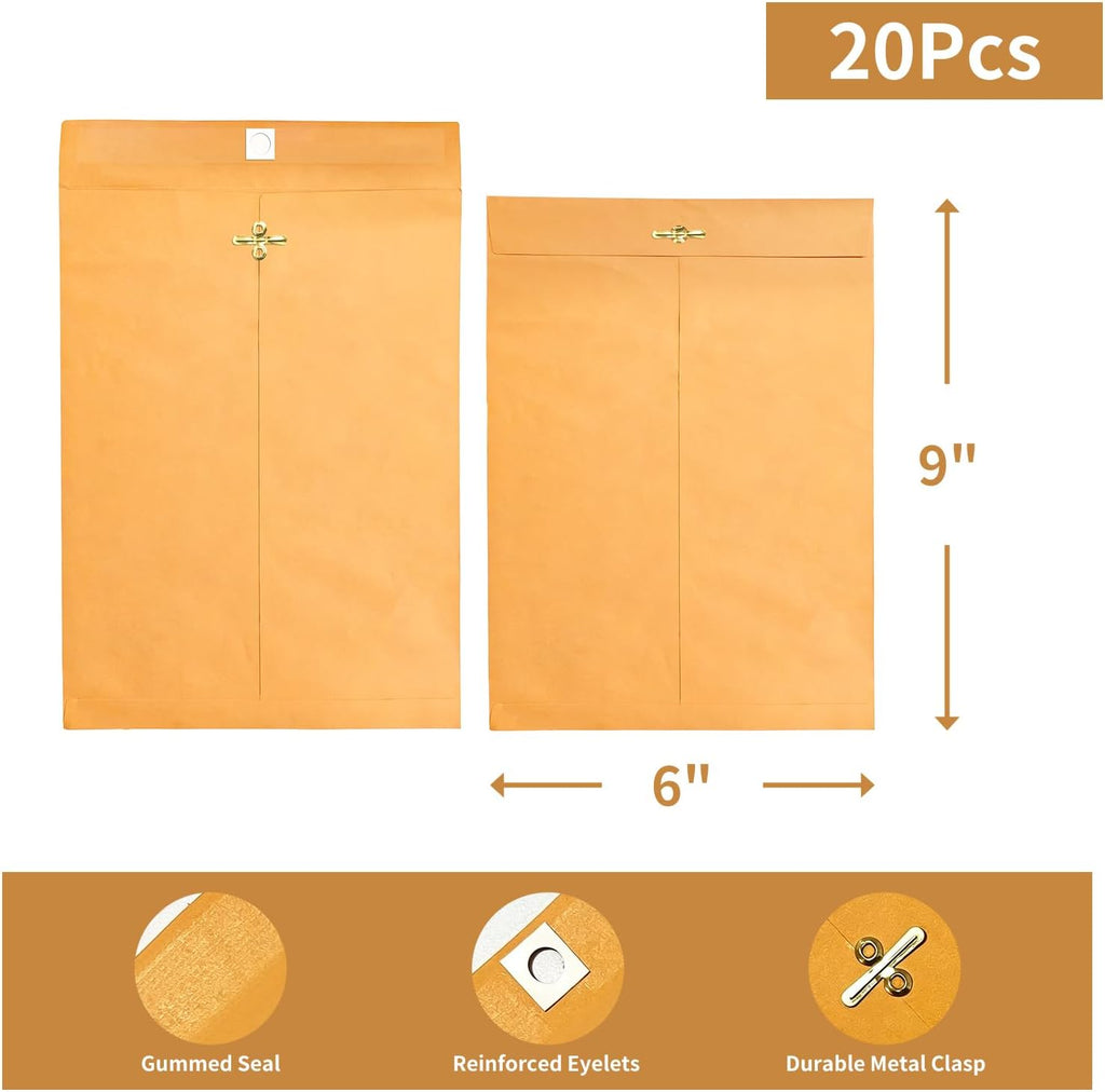 Clasp Envelopes 6x9, 20 Pack, Yellow Brown Kraft Manilla