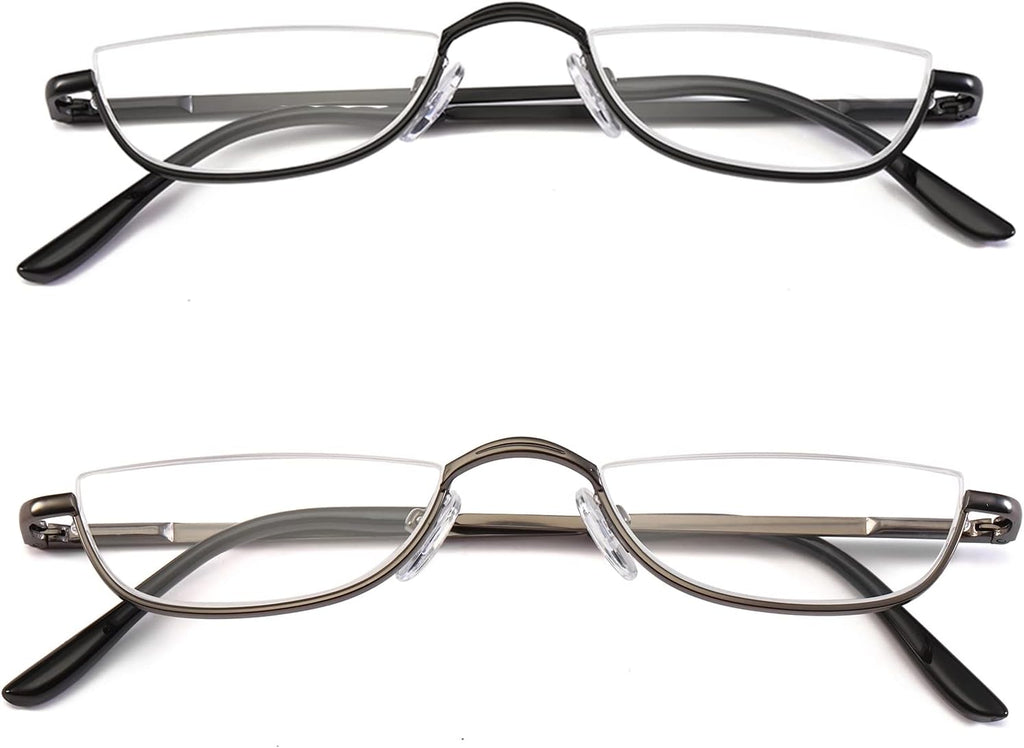 Half Reading Glasses 2 Pairs Metal Frame 2.50 | Half Rim Glasses Spring Hinge Readers with Leather Pouch for Men and