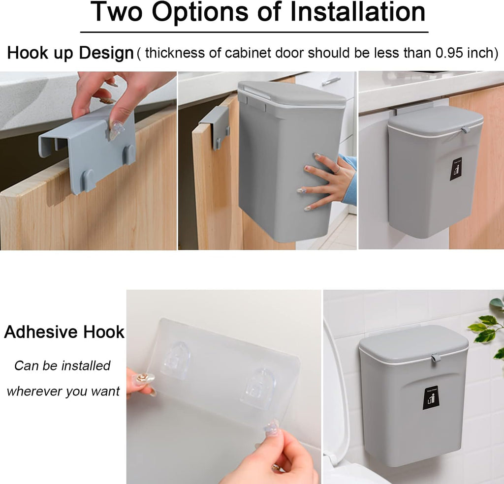 2.4 Gallon Kitchen Compost Bin for Counter Top or Under Sink, Hanging Small Trash Can with Lid for