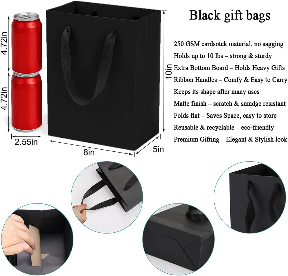 Black Gift Bags with Tissue Paper, 30 Pack, 8x5x10 Inch