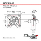 MAPLE ACE UCF211-32 Square Flange Bearing 2" Bore Self-Aligning (Qty 4)