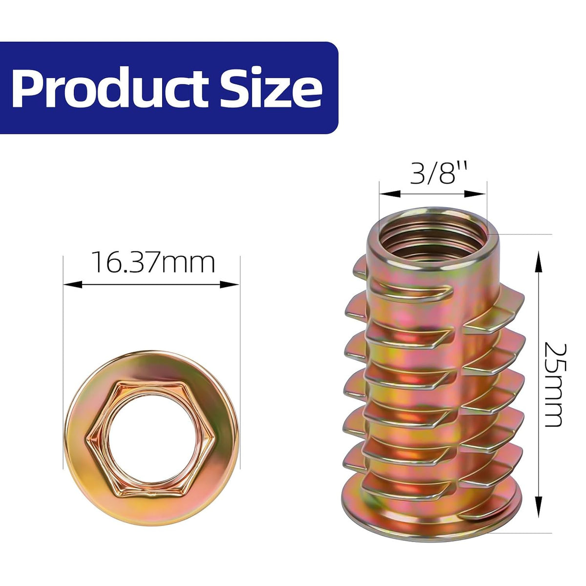 3/8"-16 x 25mm Threaded Inserts for Wood, Zinc Alloy Hex Socket Drive Insert Nuts for Wood Furniture, Hex Spanner Included, 15 PCS