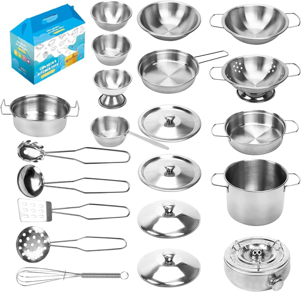 Kids Kitchen Pretend Play Toys, Cooking Toys Play Pots and Pans Set for Kids, 21pcs Small Stainless Steel Kitchen