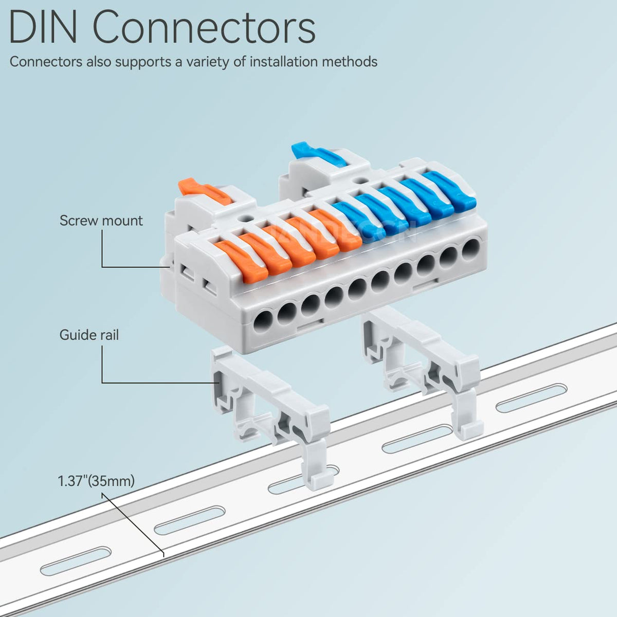 6Pcs DIN Rail Terminal Blocks 28-12AWG Wire Splitter, 2 in 10 Out