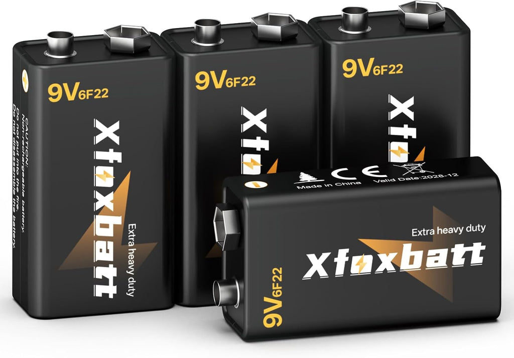 9V Batteries Carbon 6F22 9 Volt Battery for Smoke/CO Detectors Leakproof & Long-Lasting, 4 Count Pack Square Fire