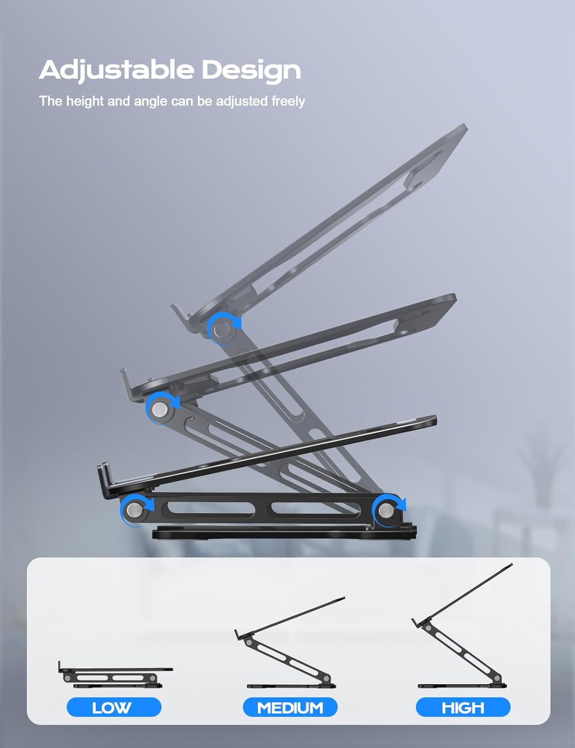Adjustable Laptop Stand for Desk, Metal Foldable Laptop Riser Holder, Portable Ventilated Cooling Desk Book Shelf