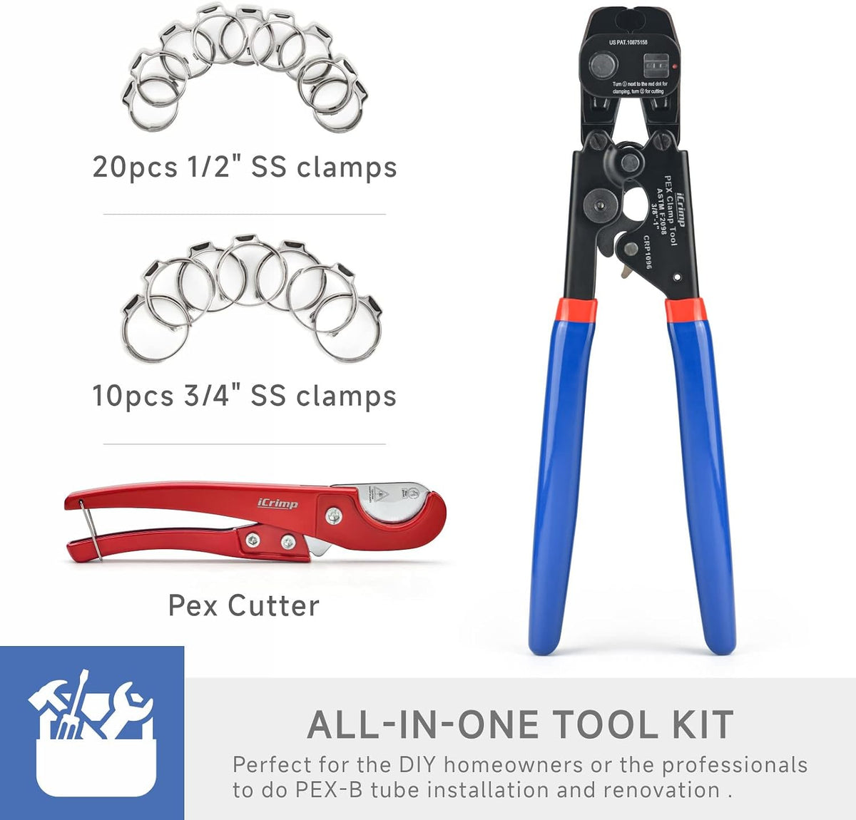 iCrimp PEX Crimping Tool Kit, Cinch & Removal Tool for 3/8"-1" Clamps