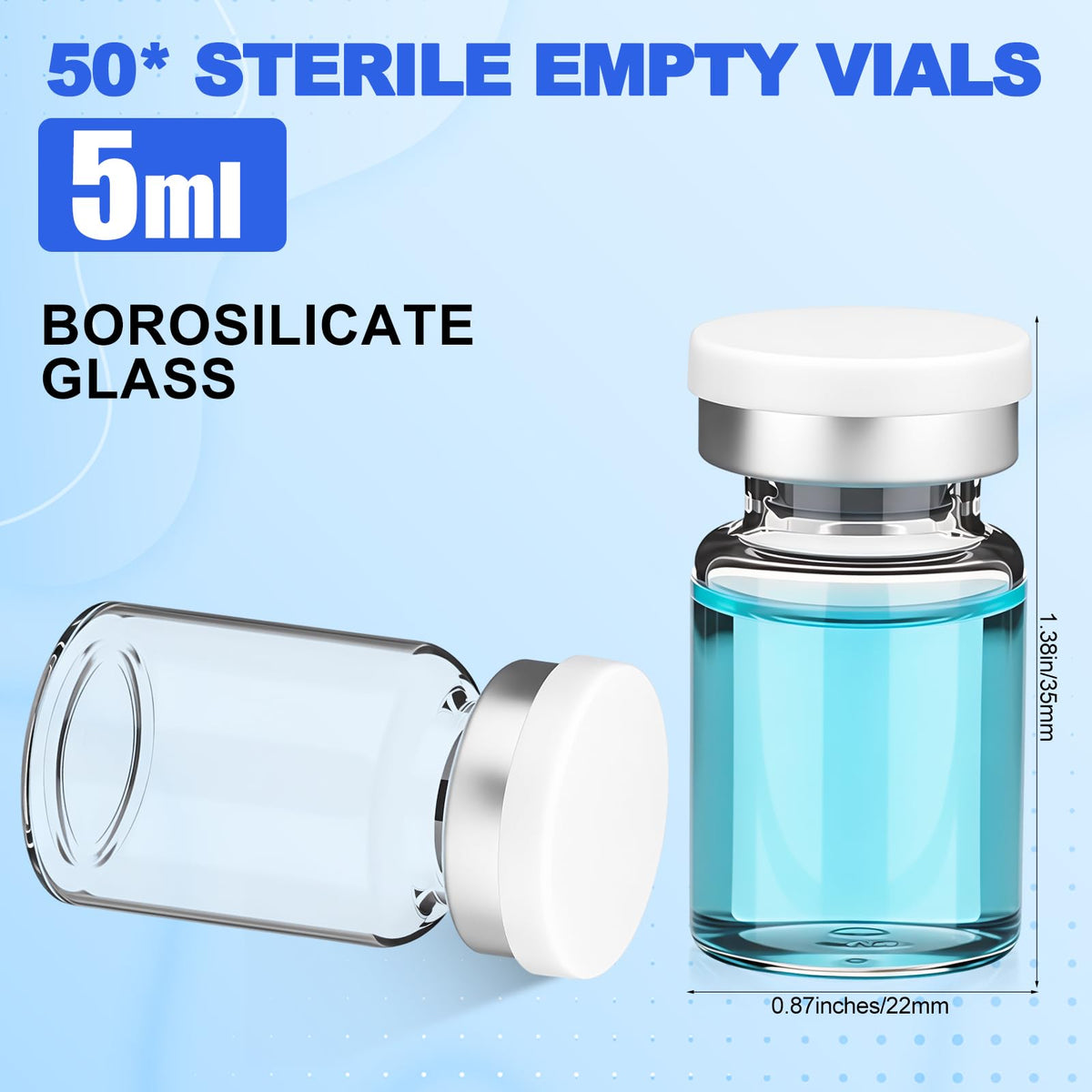 50 Pcs 5ml Sterile Vials, Empty Vials for Injection, White Lid