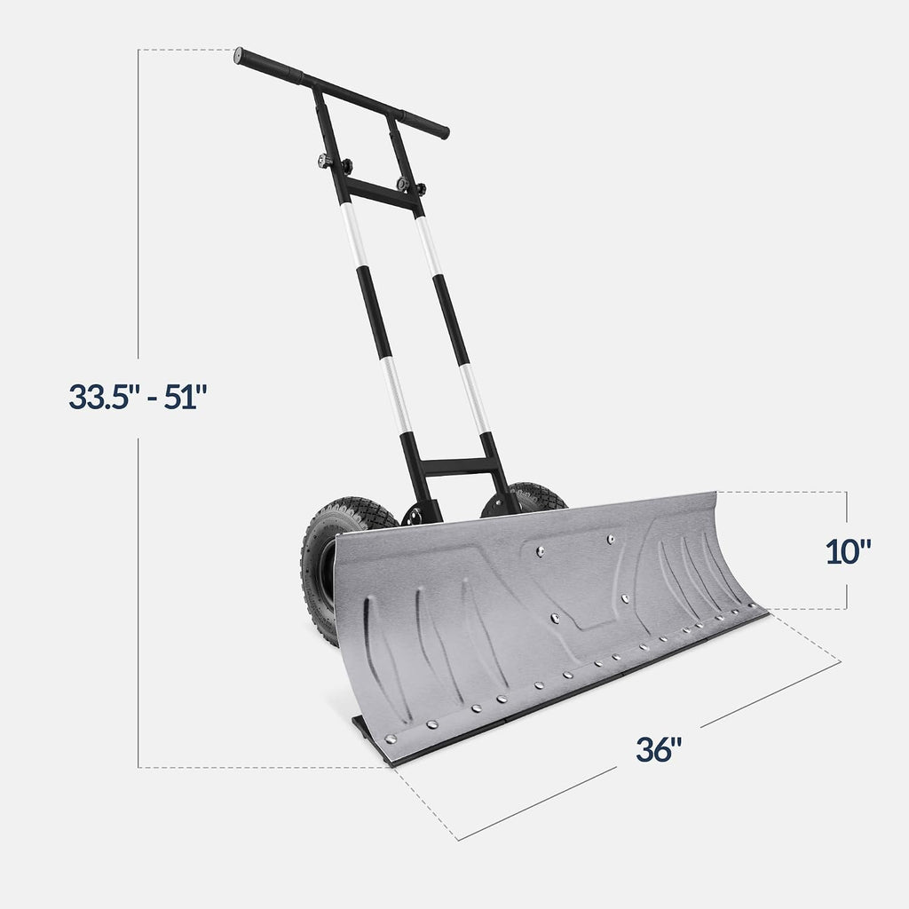 36in Galvanized Blade Heavy-Duty 2-Wheel Snow Pusher Hand Plow for Snow Removal w/Wheels, Adjustable Handle, Blade