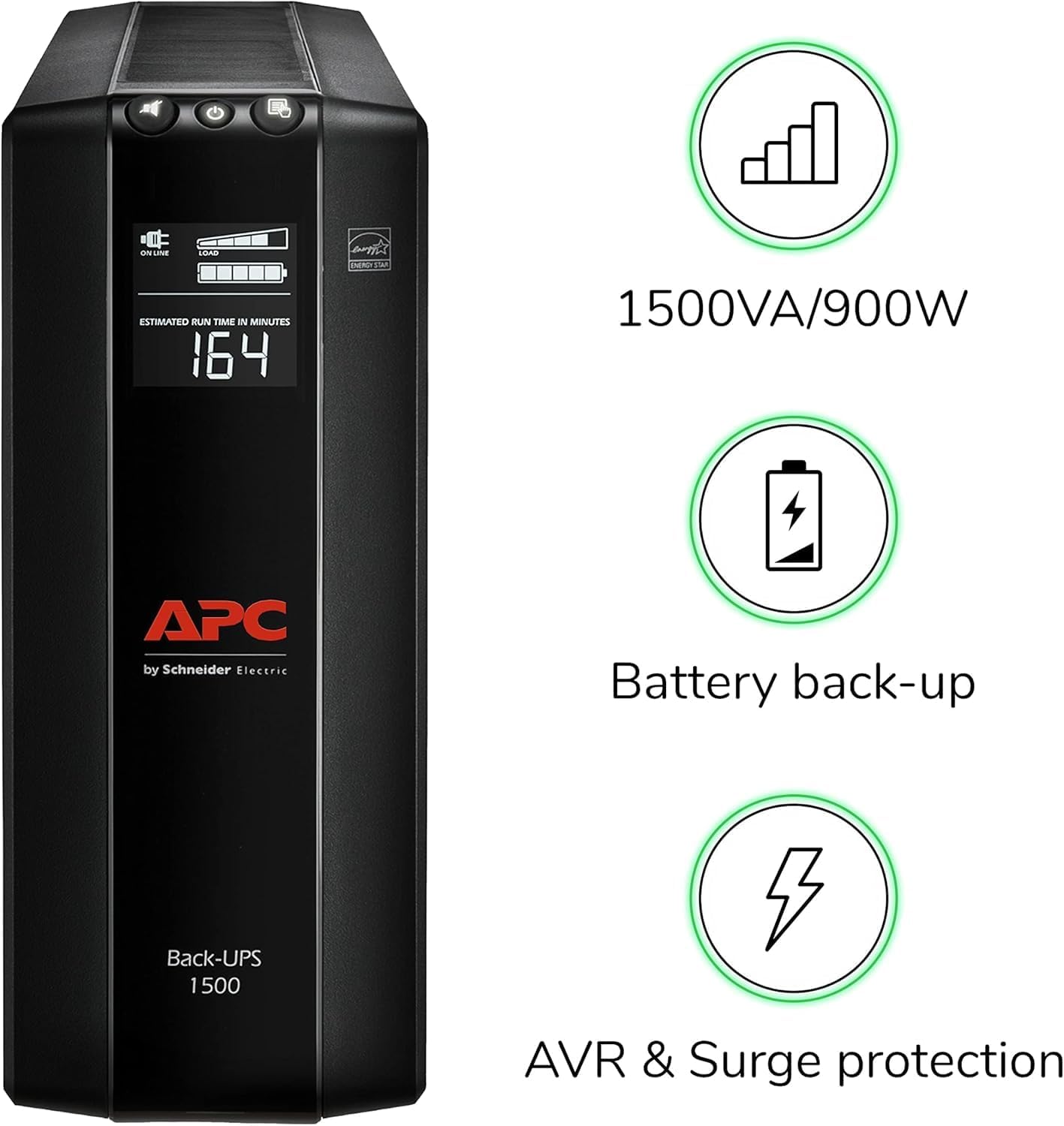 UPS 1500VA/900W Battery Backup for PCs, Office Electronics, BX1500M | Back-UPS Pro UPS for home offices. 10 outlets