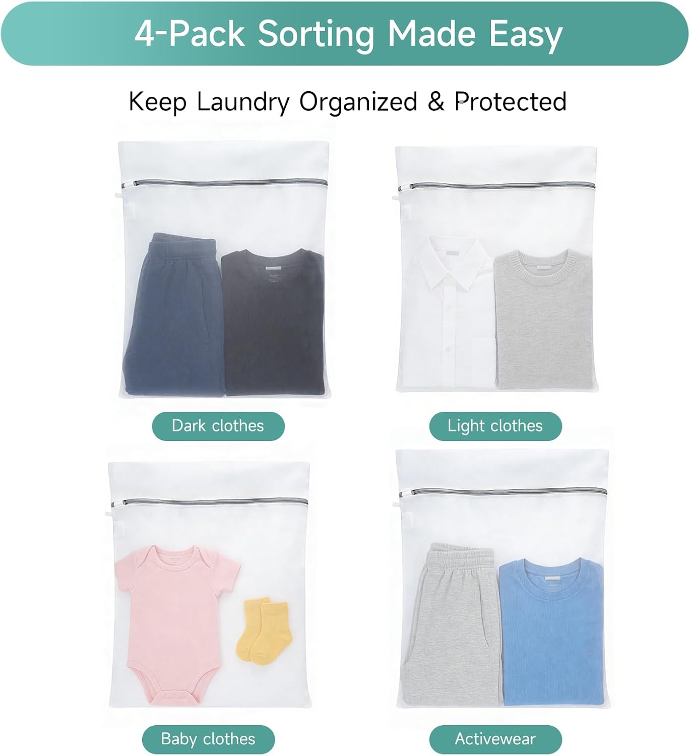 XL Mesh Laundry Bags, 4-Pack Large Wash Bags with Auto-Lock Zipper