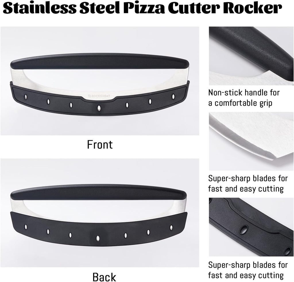 Pizza Cutter Rocker & 12 Inch Rotating Pizza Peel Set - Anodized Aluminum Peel with Wooden Handle, Includes Plastic