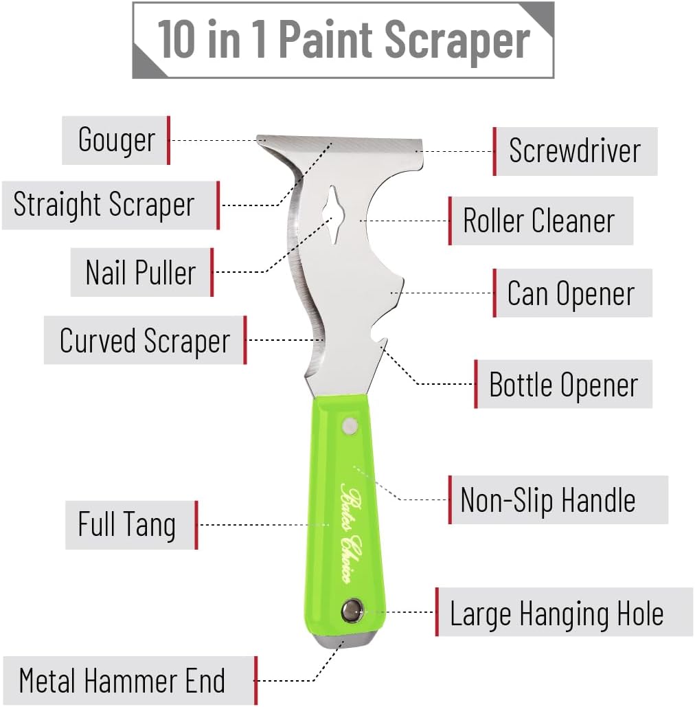 Bates- Paint Scraper, 10 in 1 Painters Tool, Green Handle Paint Scrapers for Wood, Painters Tool, Painters Knife