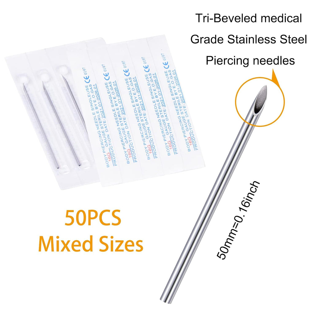 50PCS Mixed Body Piercing Needles, 12G 14G 16G 18G 20G Disposable Sterile Stainless Steel Piercing Needles for Ear