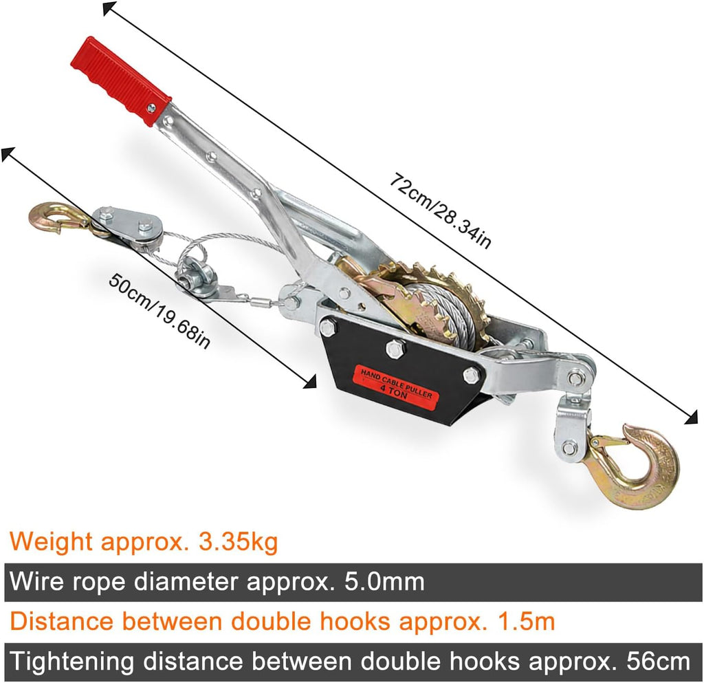 4 Ton Come Along Winch, 13ft Galvanized Steel Cable Power Puller, Dual Ratchet Pulley & Double Lock Claw, Manual
