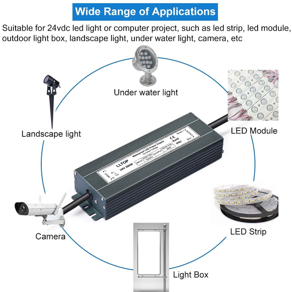 LLTOP 24V DC LED Driver Waterproof IP67 Power Supply 200W 8.3A