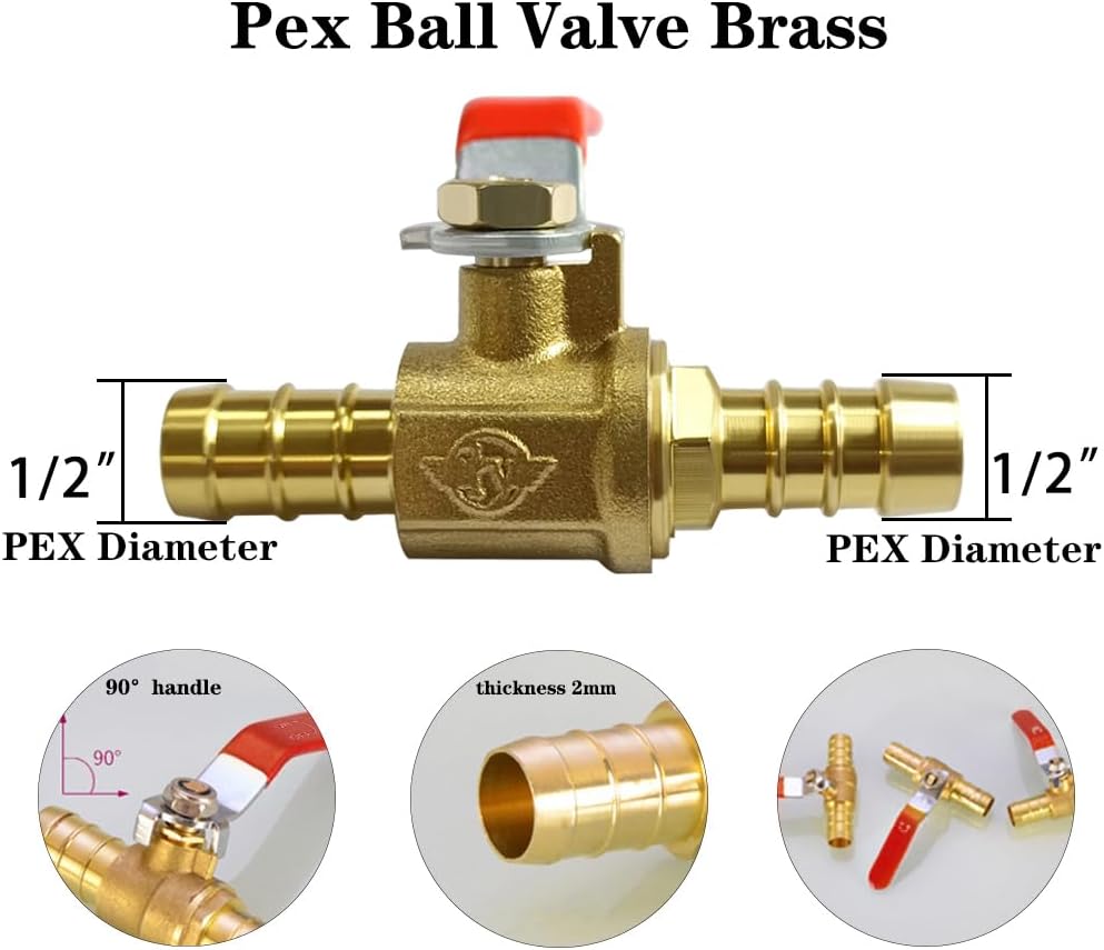 1/2" PEX Ball Valve Brass Shut off gate Valve (Pack of 2)
