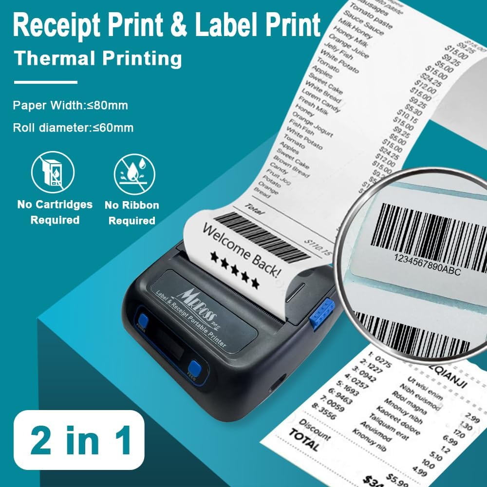 MRBOSS 80mm Portable Bluetooth Receipt Printer - Easy-to-Connect Thermal Receipt Printer with USB and Bluetooth for