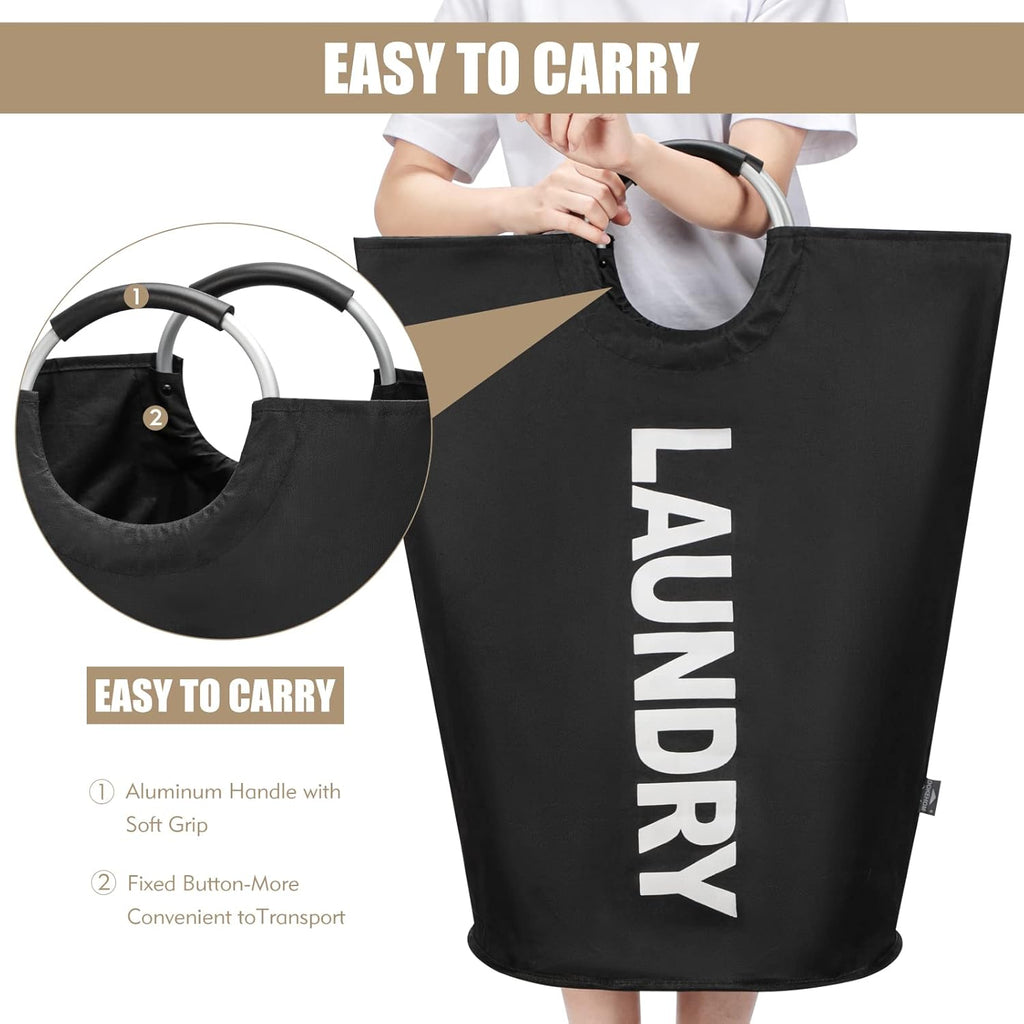 90L Large Laundry Basket Bag, Collapsible Tall Hamper, Black | Freestanding tall washing bin & foldable laundry bag.