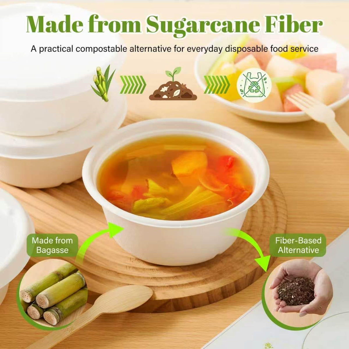 29 oz Disposable Bagasse Bowls with Lids, 50 Pack Compostable Soup Bowls with Lids, Sugarcane Fiber Food Containers