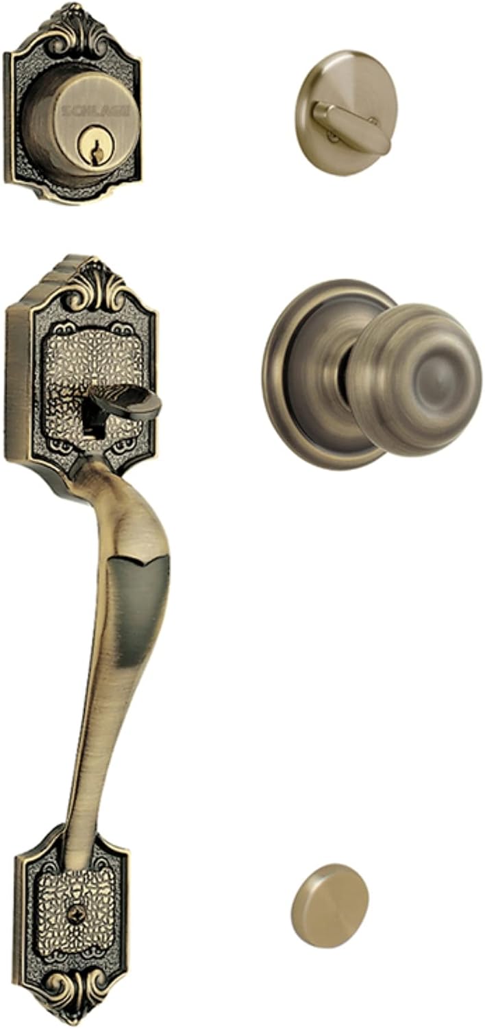 Front Door Entry Handleset, Georgian Knob, Antique Brass | Front door handleset with deadbolt & interior knob, Easy
