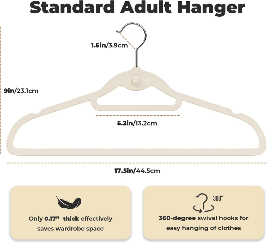 Ivory Velvet Hangers, Stackable Hanger with Non Slip Felt Fabric | Ultra Thin and Space Saving with 360° Swivel Hook