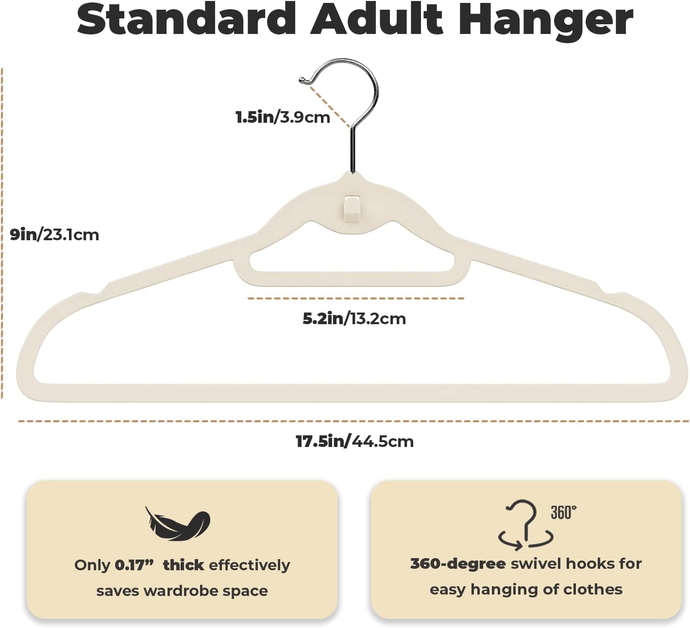Ivory Velvet Hangers, Stackable Hanger with Non Slip Felt Fabric | Ultra Thin and Space Saving with 360° Swivel Hook