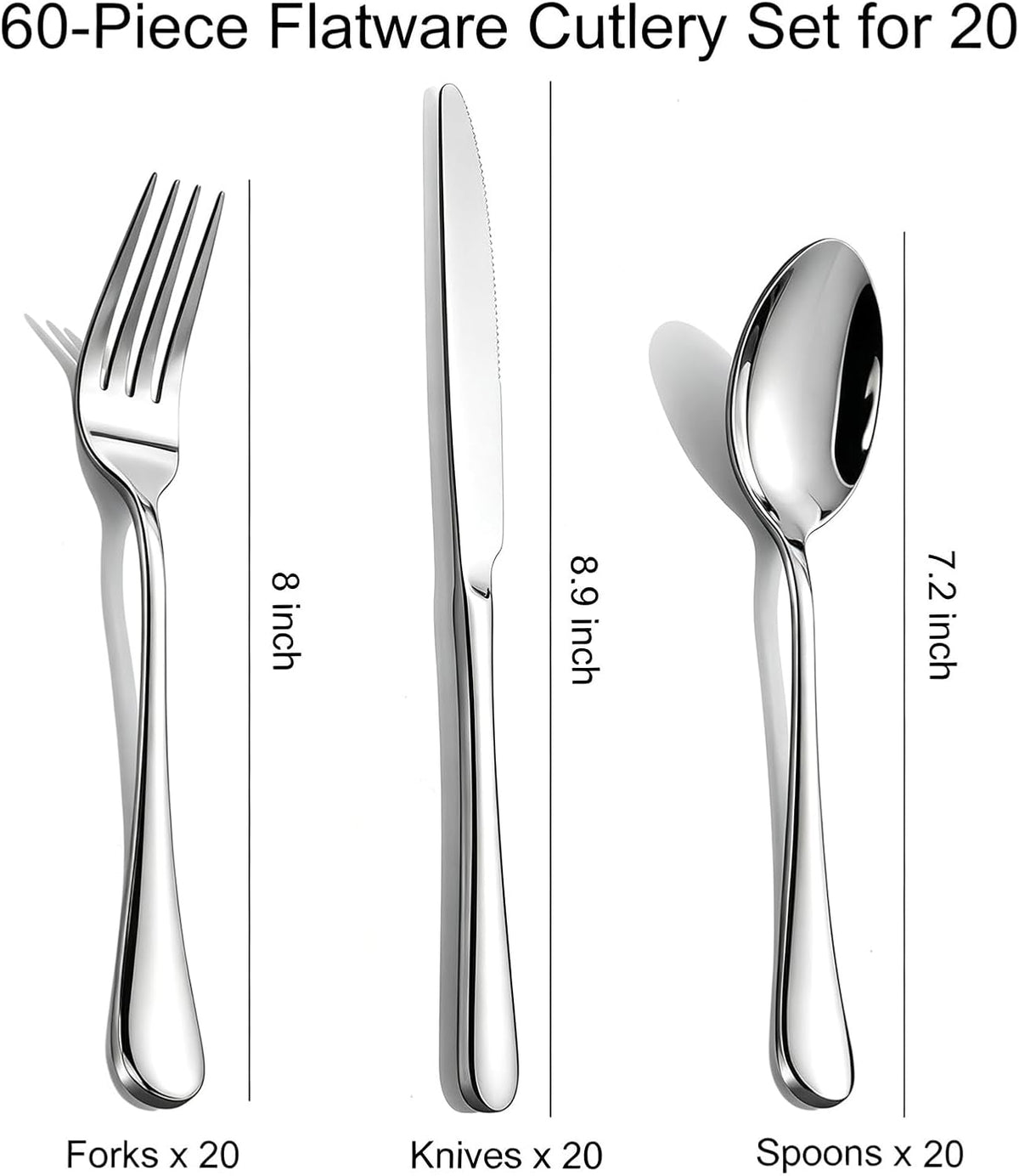 60-Piece Silverware Set for 20 - Stainless Steel Flatware Cutlery Set, Mirror Polished Flatware Set Include Forks