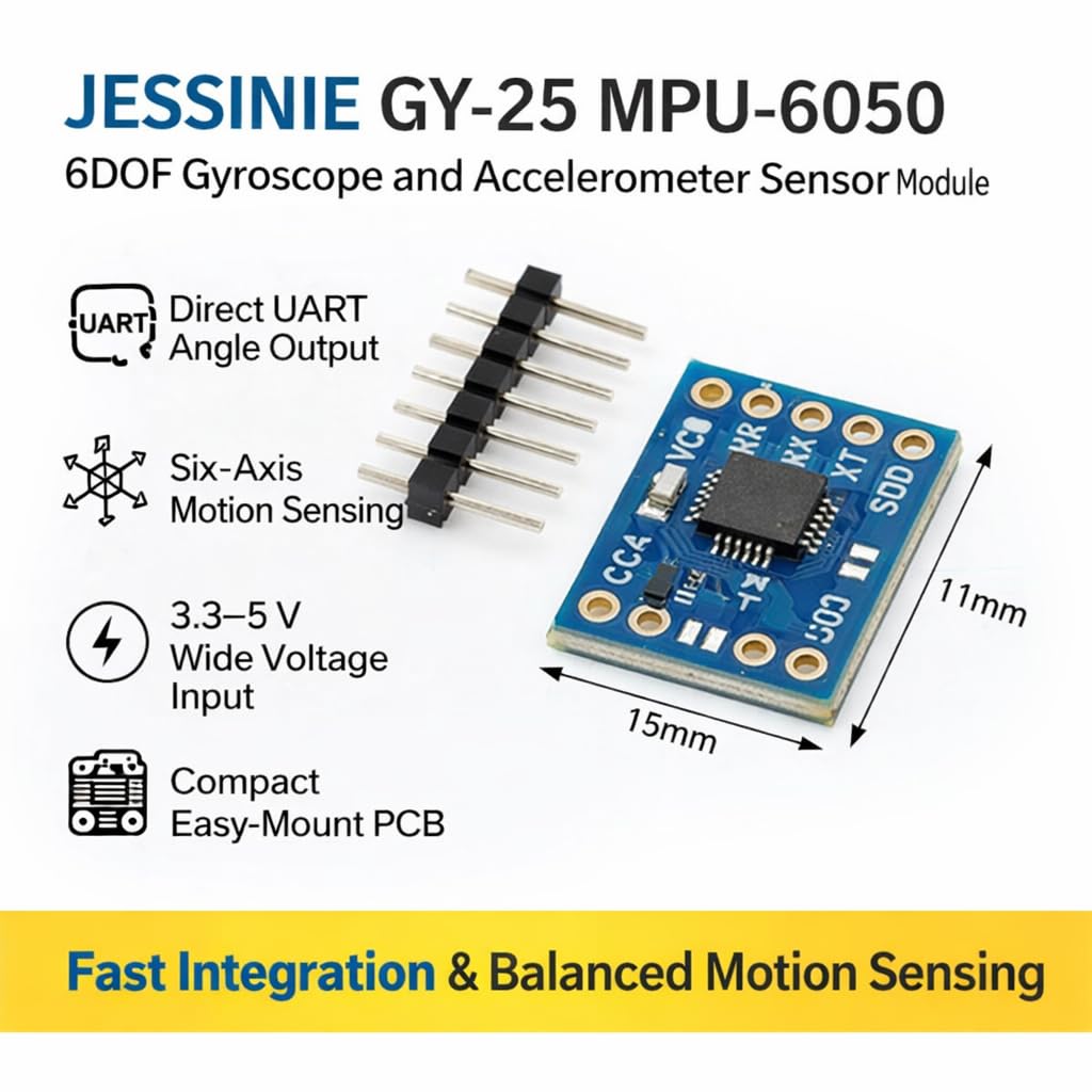 JESSINIE GY‑25 MPU‑6050 6DOF Gyroscope and Accelerometer Sensor Module, 3.3–5 V, UART Output