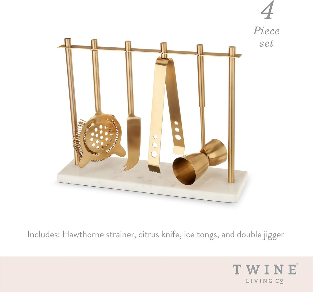 Bar Tool Set Includes Hawthorne Strainer, Citrus Knife, Ice Tongs, Double Jigger with Marble Display Stand for