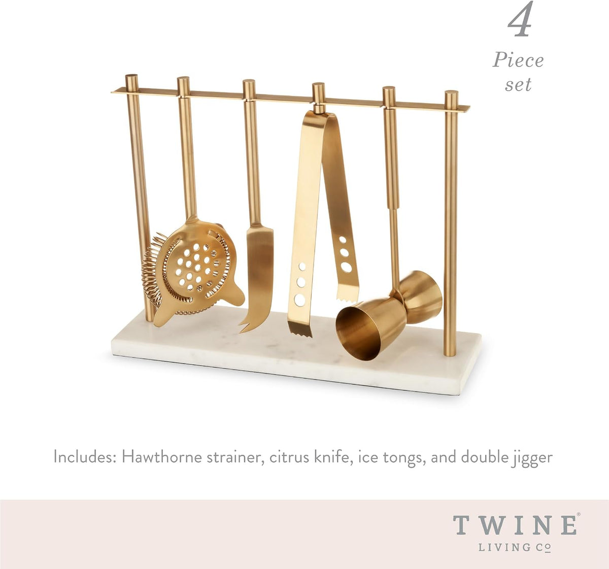 Bar Tool Set Includes Hawthorne Strainer, Citrus Knife, Ice Tongs, Double Jigger with Marble Display Stand for