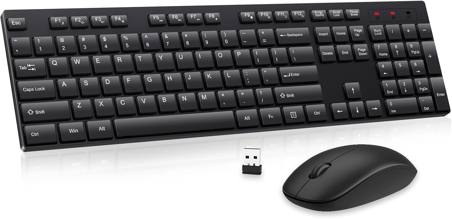 Wireless Keyboard and Mouse Combo, EDJO Silent Full Size Cordless USB Keyboard Mouse, 2.4GHz Lag-Free, Long Battery