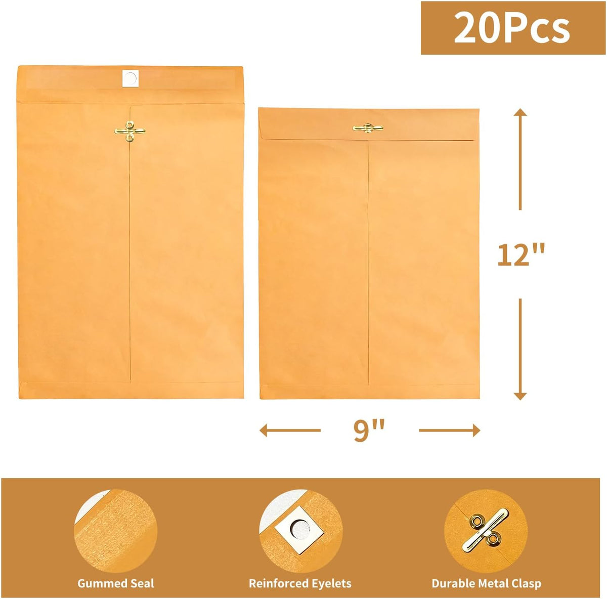 Clasp Envelopes 9x12, 20 Pack, Yellow Brown Kraft Manilla
