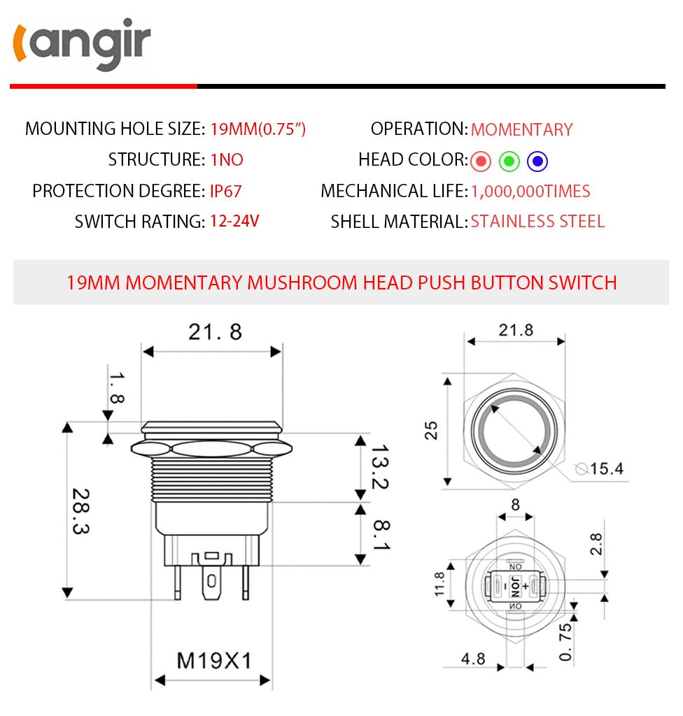 15Amp momentary Push Button Switch，19mm(0.75") 12V-24V Push Button Switch AC/DC IP67 Waterproof LED Angel Eye Light On and Off with Wire Socket